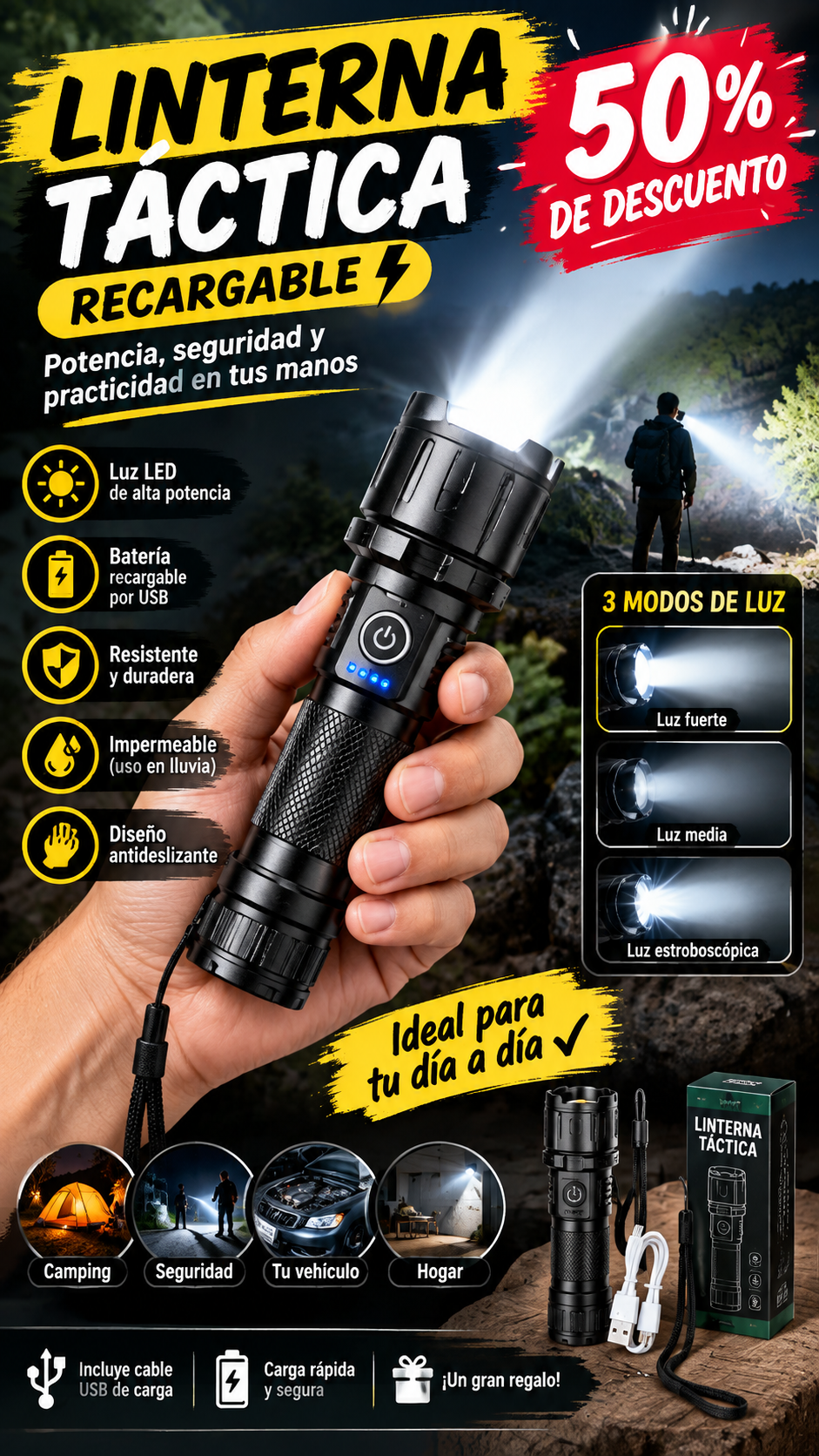 LINTERNA TACTICA RECARGABLE